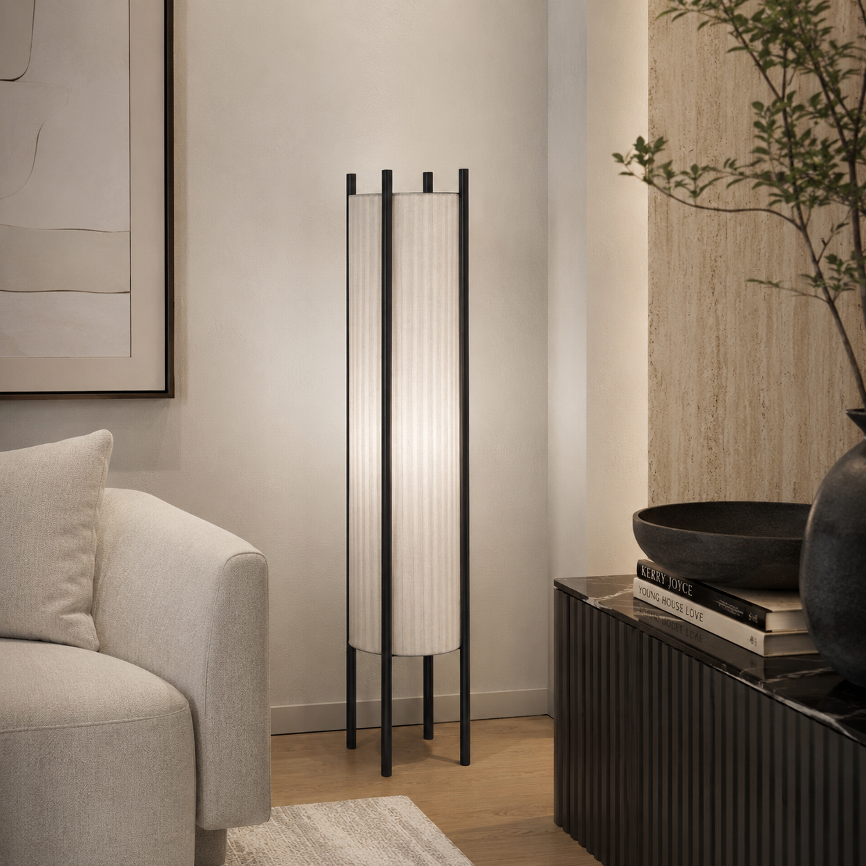 Wood Grid Floor Lamp with Fabric Shade Wabi Sabi | Takumiya