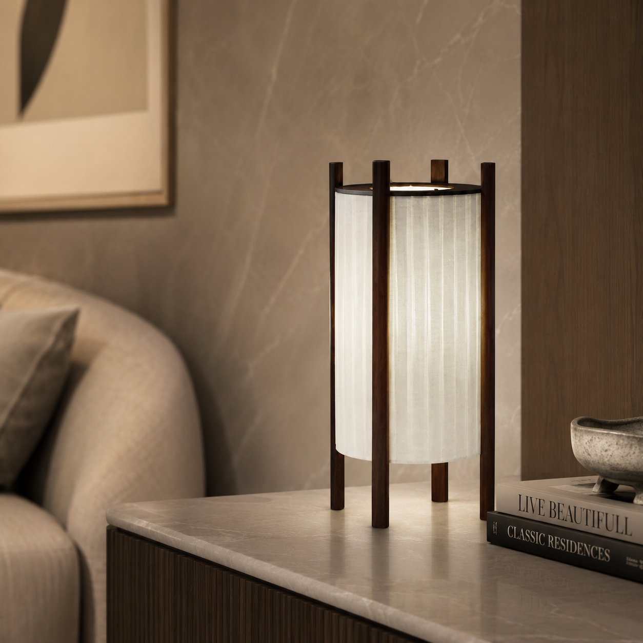 Wood Grid Floor Lamp with Fabric Shade Wabi Sabi | Takumiya