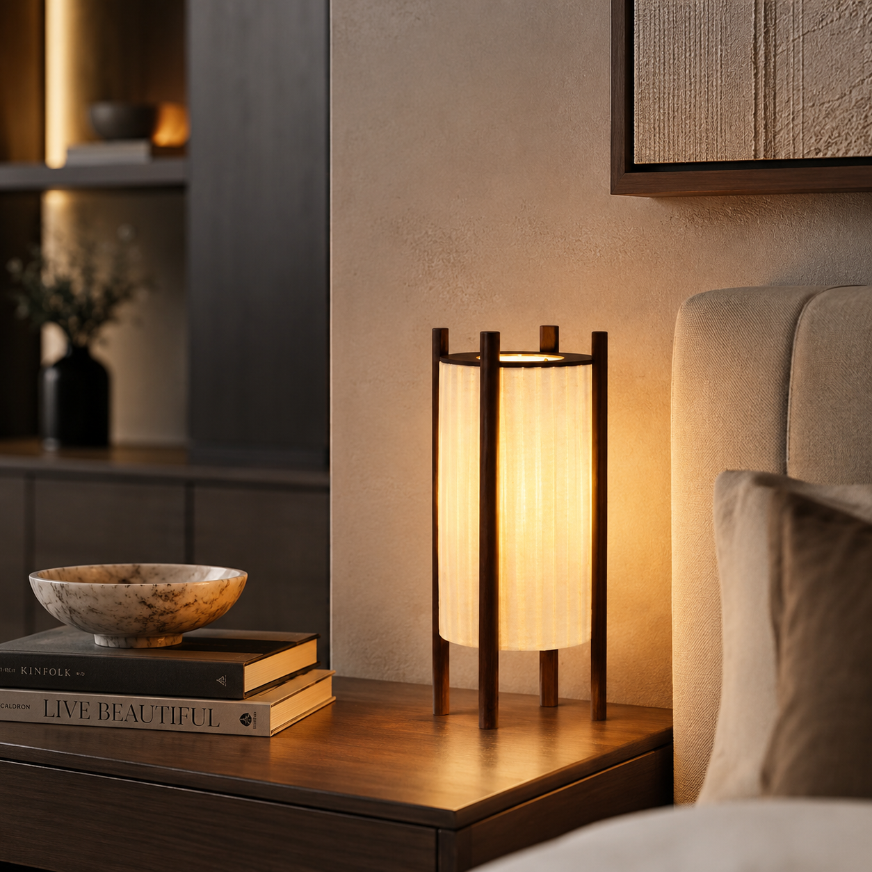 Wood Grid Floor Lamp with Fabric Shade Wabi Sabi | Takumiya