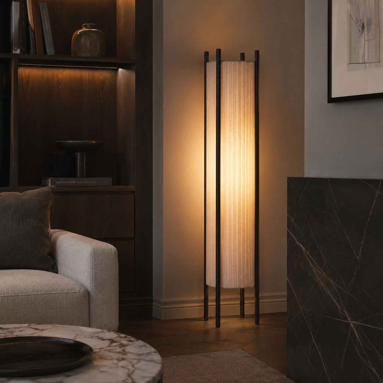 Wood Grid Floor Lamp with Fabric Shade Wabi Sabi | Takumiya