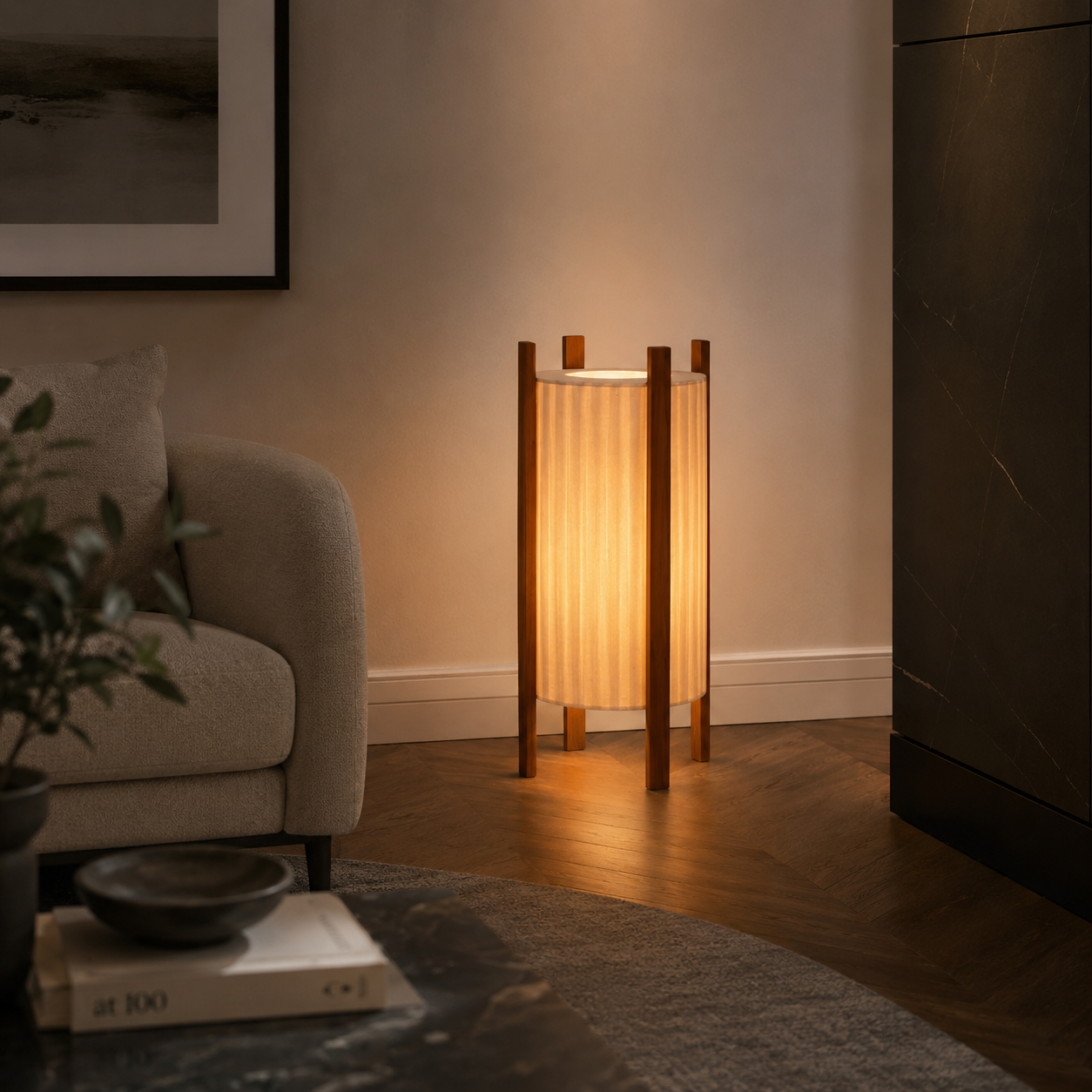 Wood Grid Floor Lamp with Fabric Shade Wabi Sabi | Takumiya