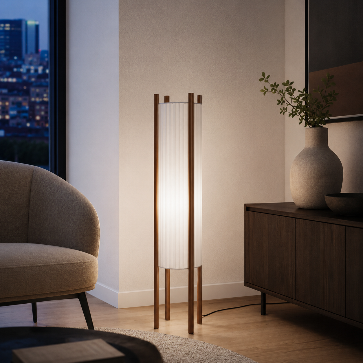 Wood Grid Floor Lamp with Fabric Shade Wabi Sabi | Takumiya