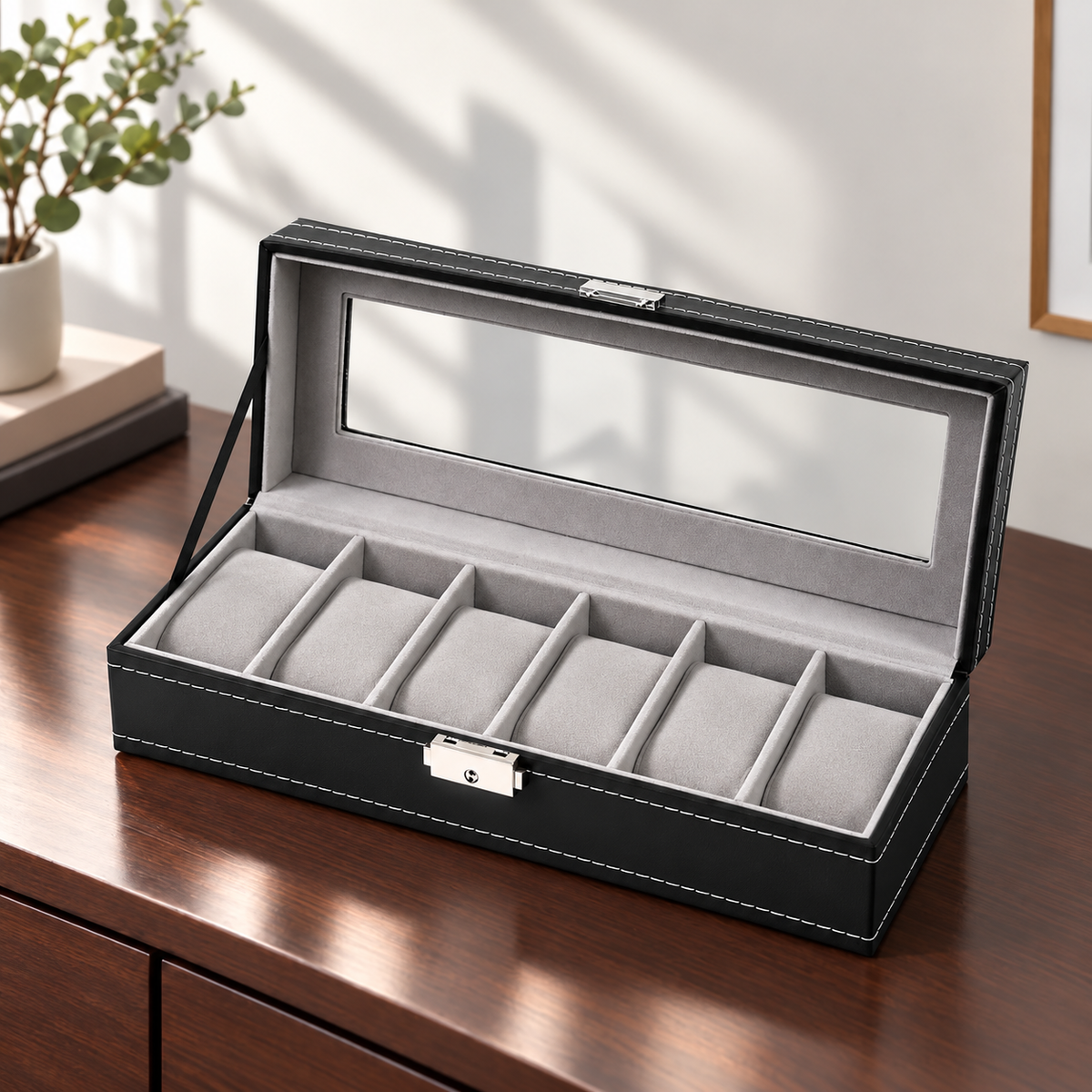 Watch Box with Clear Display Lid Removable Cushions and Lock