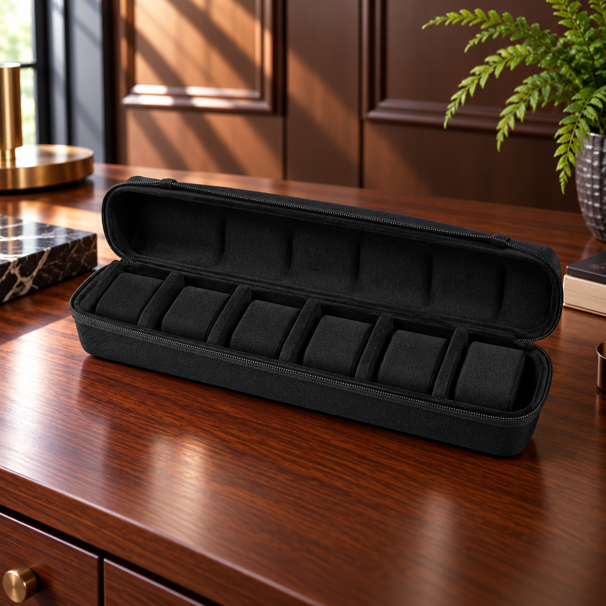 Watch Box with Hard Shell Zipper Closure and Removable Cushions