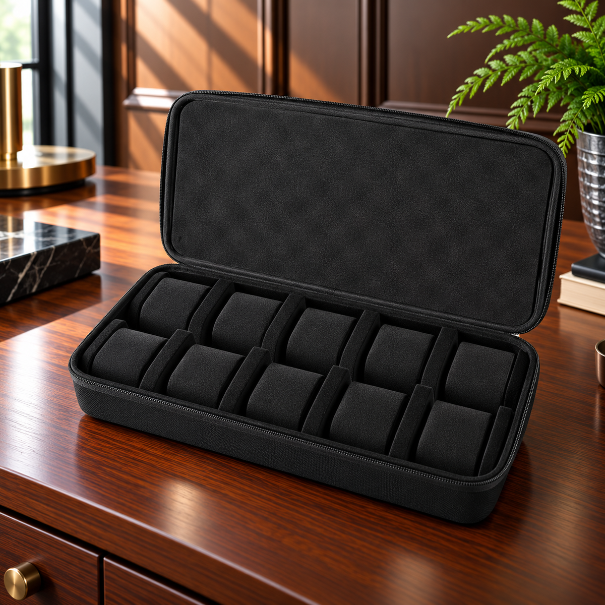 Watch Box with Hard Shell Zipper Closure and Removable Cushions