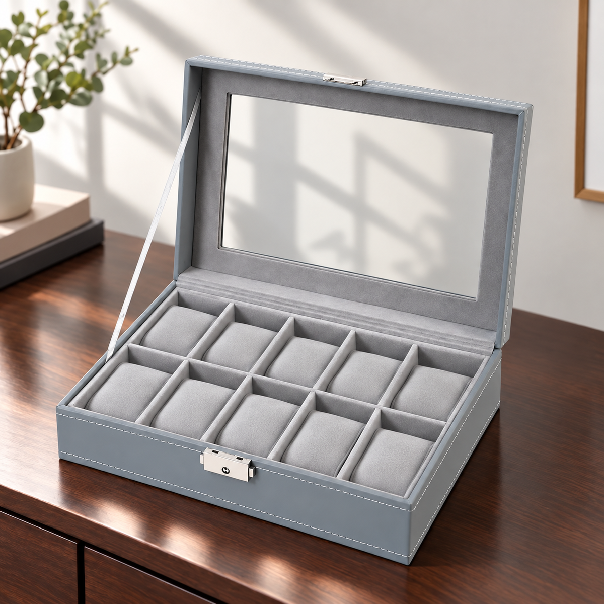 Watch Box with Clear Display Lid Removable Cushions and Lock
