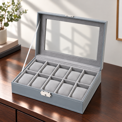 Watch Box with Clear Display Lid Removable Cushions and Lock