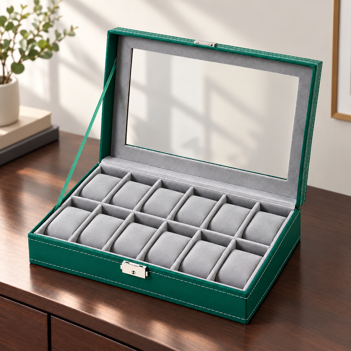 Watch Box with Clear Display Lid Removable Cushions and Lock