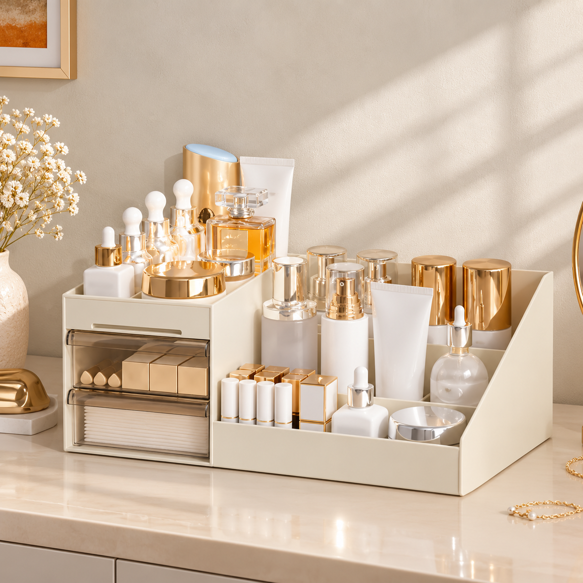 Tiered Makeup Organizer with Drawers for Bathroom Counter