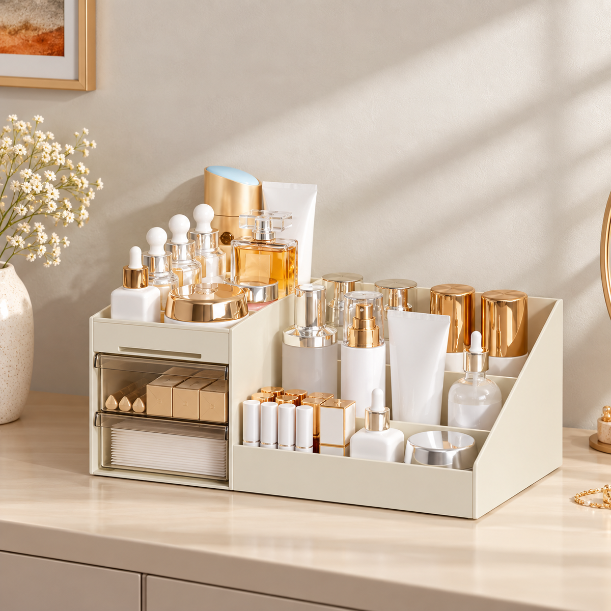 Tiered Makeup Organizer with Drawers for Bathroom Counter