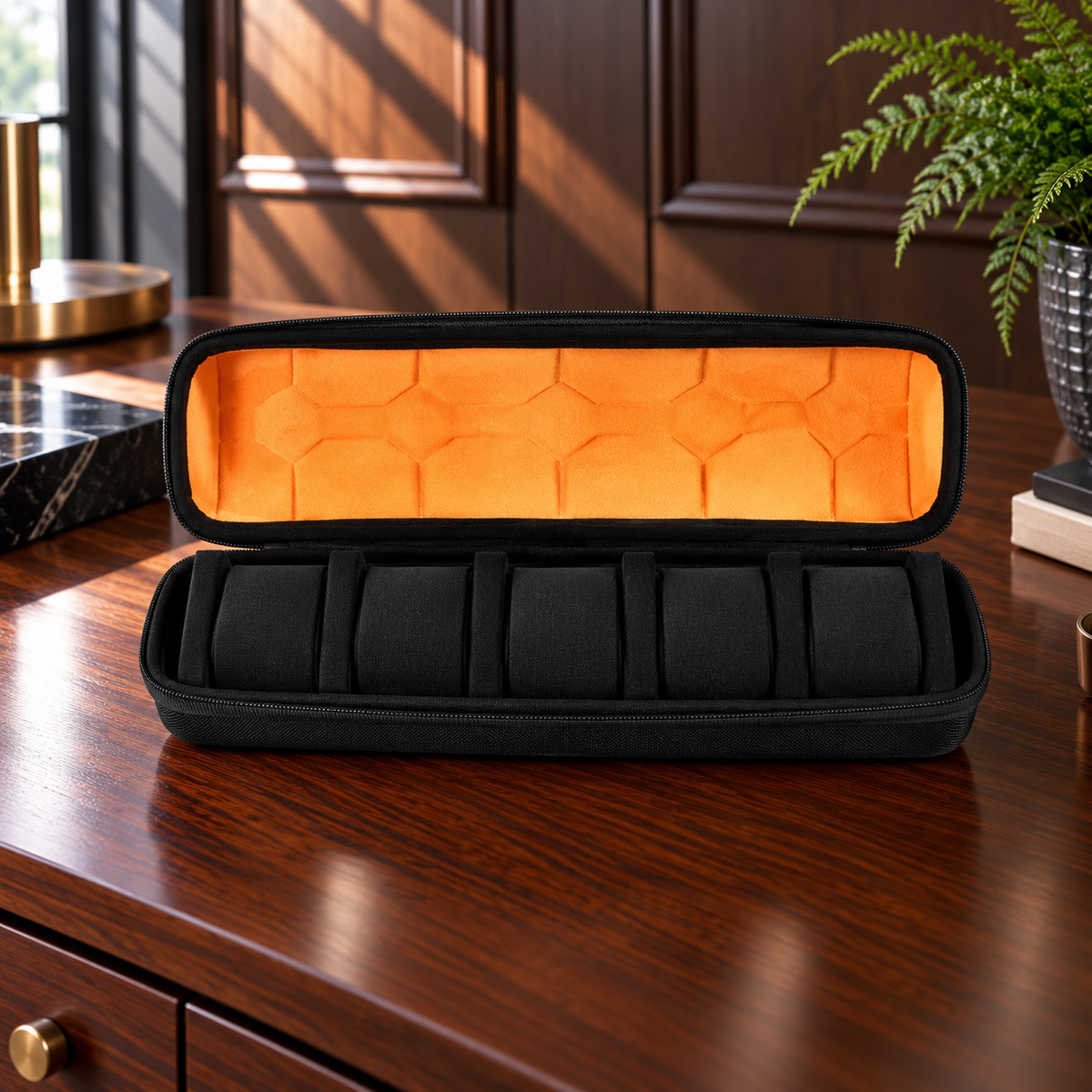 Watch Box with Hard Shell Zipper Closure and Removable Cushions