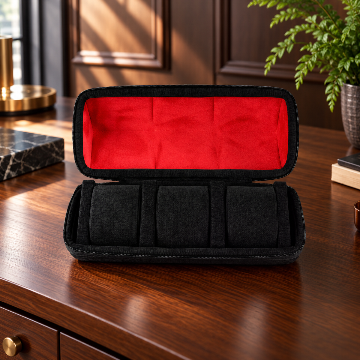 Watch Box with Hard Shell Zipper Closure and Removable Cushions